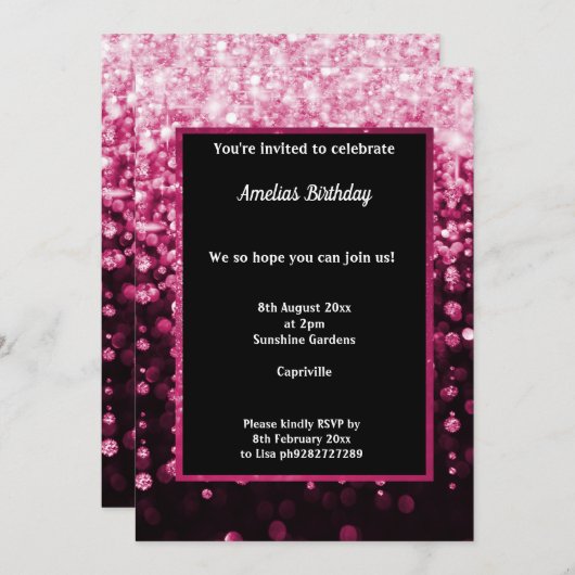ブラックピンクダイヤモンドウォーターフォールドバースデーパーティー 招待状 (正面/裏面)