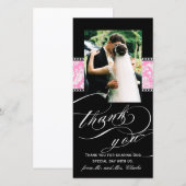 ブラックピンクダマスク結婚式ありがとうフォトカード サンキューカード (正面/裏面)