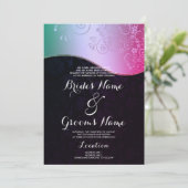 ブラックピンクティール（緑がかった色）グラデーションフローラダマスク結婚式 招待状 (スタンド正面)