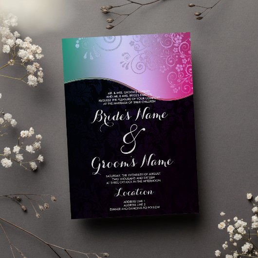 ブラックピンクティール（緑がかった色）グラデーションフローラダマスク結婚式 招待状