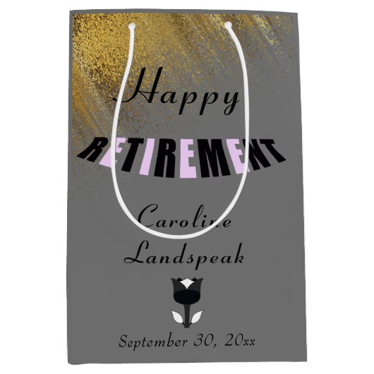 ブラックピンクハッピーリタイアメントグリッター&ブラックチューリップ ミディアムペーパーバッグ (正面)