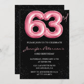 ブラックピンクバルーングラムグリッター63歳 招待状 (正面/裏面)