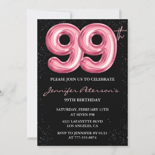 ブラックピンクバルーングラムグリッター99歳の誕生日 招待状 (正面)