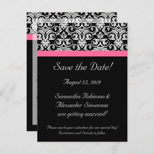 ブラックピンクパッションダマスク日付カードを保存 案内ポストカード (正面/裏面)