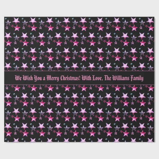 ブラックピンクパープルクリスマススターズのパターン追加文字 ラッピングペーパー (フラット)