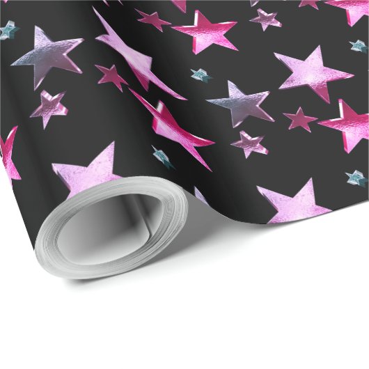 ブラックピンクパープルクリスマススターズのパターン追加文字 ラッピングペーパー (ロールコーナー)