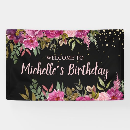 ブラックピンクパープルフローラ金ゴールドグリッター誕生日 横断幕 (横)