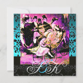 ブラックピンクパープル自転車結婚のダマスクモノグラム 招待状 (正面)