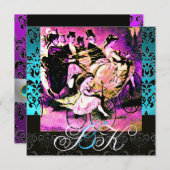 ブラックピンクパープル自転車結婚のダマスクモノグラム 招待状 (正面/裏面)