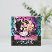 ブラックピンクパープル自転車結婚のダマスクモノグラム 招待状 (スタンド正面)