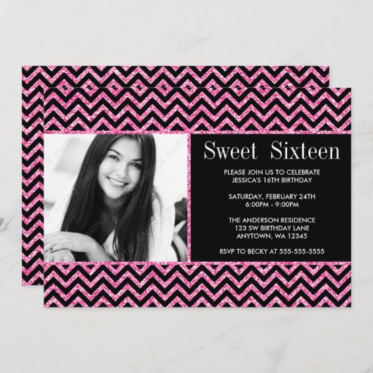 ブラックピンクフェイクグリッターシェブロン甘い16枚の写真 招待状 (正面/裏面)