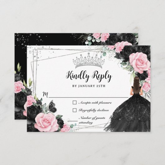 ブラックピンクフローラシルバープリンセスガウンキンセアニラ 出欠カード (正面/裏面)