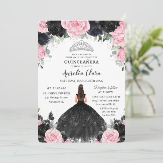 ブラックピンクフローラプリンセスガウンシルバーキンセアニラ 招待状 (スタンド正面)