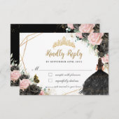 ブラックピンクフローラプリンセスドレスキンセアニラ返信 出欠カード (正面/裏面)