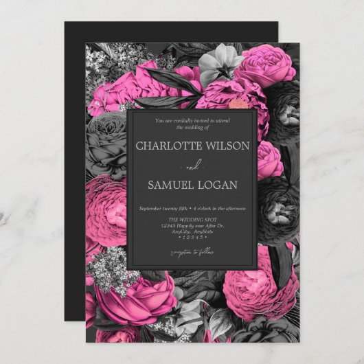 ブラックピンクフローラ |シックモダンフローラ結婚のInv 招待状 (正面/裏面)