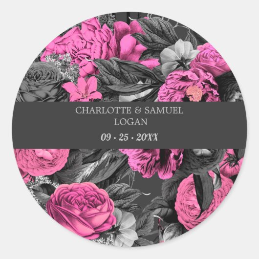 ブラックピンクフローラ |シックモダンフローラ結婚ズ ラウンドシール (正面)