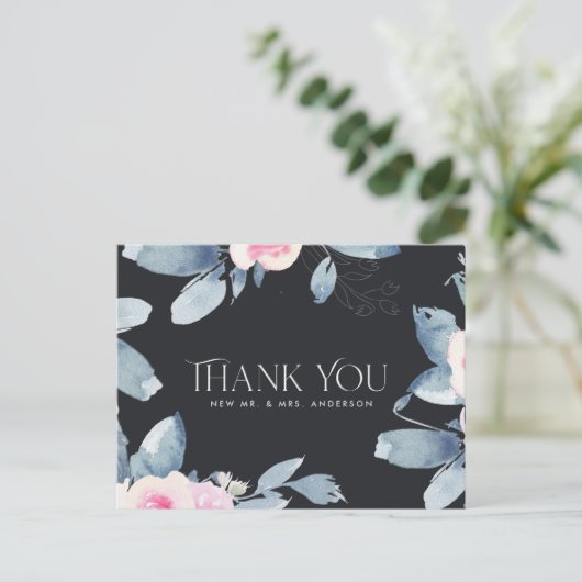 ブラックピンクブルーフローラウォーター結婚カラーありがとう ポストカード (スタンド正面)