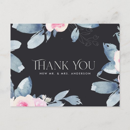 ブラックピンクブルーフローラウォーター結婚カラーありがとう ポストカード (正面)