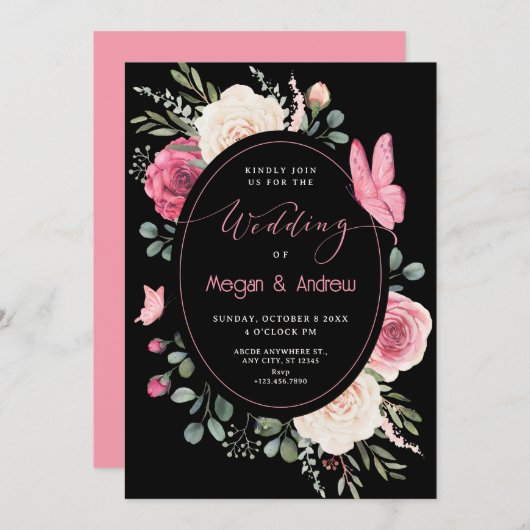 ブラックピンクホワイトウォーターフローラバラ結婚ズ 招待状 (正面/裏面)