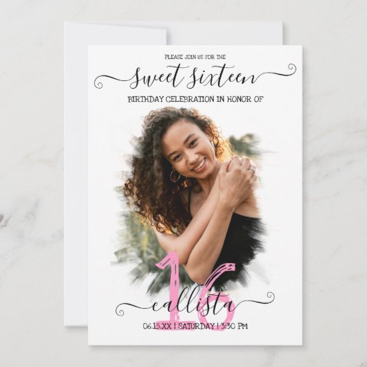ブラックピンクホワイトハローフォトコラージュスウィート16 招待状 (正面)