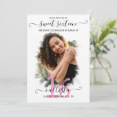 ブラックピンクホワイトハローフォトコラージュスウィート16 招待状 (スタンド正面)