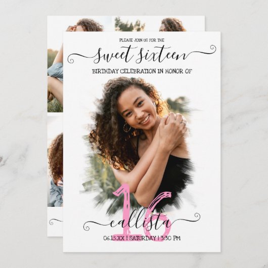 ブラックピンクホワイトハローフォトコラージュスウィート16 招待状 (正面/裏面)
