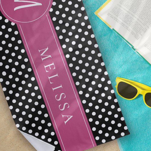 ブラックピンクホワイトモノグラム水玉模様 ビーチタオル