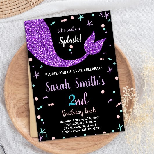 ブラックピンクマーメイドテール誕生日招待状 招待状