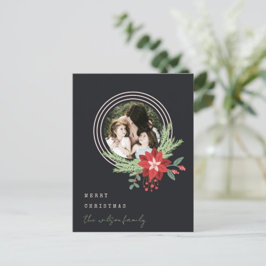 ブラックピンクレッドクリスマスフォトポインセチアフローラ シーズンポストカード (スタンド正面)