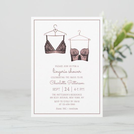 ブラックピンクレースウォーターカラーランジェリーブライダルシャワー 招待状 (スタンド正面)