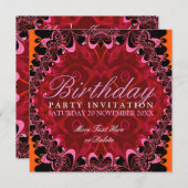 ブラックピンクレースエキゾチックバースデーパーティ招待状 招待状 (正面/裏面)
