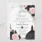 ブラックピンクローズフローラプリンセススウィート16シルバー 招待状 (正面)