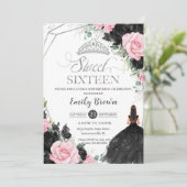 ブラックピンクローズフローラプリンセススウィート16シルバー 招待状 (スタンド正面)