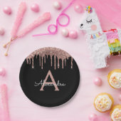 ブラックピンクローズ金ゴールドグリッターモノグラム誕生日 ペーパープレート (パーティー)