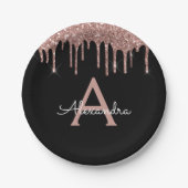 ブラックピンクローズ金ゴールドグリッターモノグラム誕生日 ペーパープレート (正面)