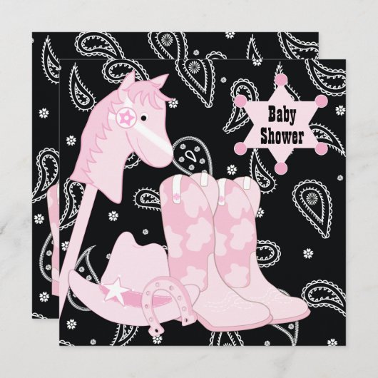 ブラックピンク女性のカーボーイベビーシャワー招待状 招待状 (正面/裏面)