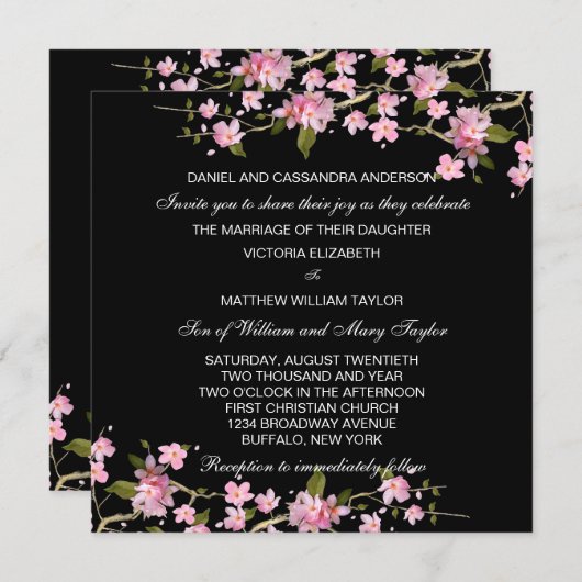 ブラックピンク日本のさくらんぼの結婚花 招待状 (正面/裏面)