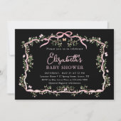 ブラックピンク春フローラフレーム赤ちゃんシャワー 招待状 (正面)