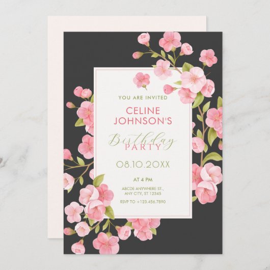 ブラックピンク桜花花開花誕生日 招待状 (正面/裏面)