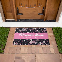 ブラックピンク桜花、パターンデザイン、ようこそ ドアマット