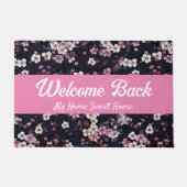 ブラックピンク桜花、パターンデザイン、ようこそ ドアマット (正面)