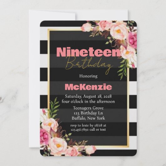 ブラックピンク牡丹金ゴールドガール19thバースデーパーティー 招待状 (正面)