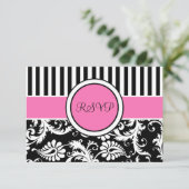 ブラックピンク白ストライプのダマスク返信カード 招待状 (スタンド正面)