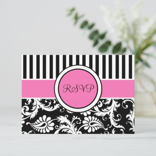 ブラックピンク白ストライプのダマスク返信カード 招待状 (スタンド正面)