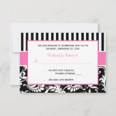 ブラックピンク白ストライプのダマスク返信カード 招待状 (裏面)