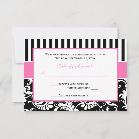 ブラックピンク白ストライプのダマスク返信カード 招待状 (裏面)