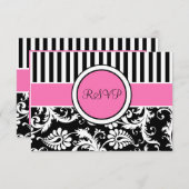 ブラックピンク白ストライプのダマスク返信カード 招待状 (正面/裏面)