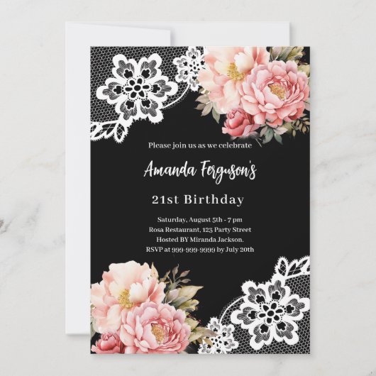 ブラックピンク花模様レースエレガント誕生日 招待状 (正面)