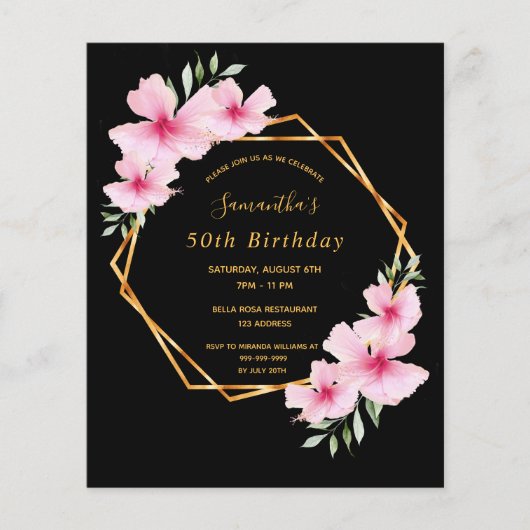 ブラックピンク花模様予算の誕生日の招待 (正面)