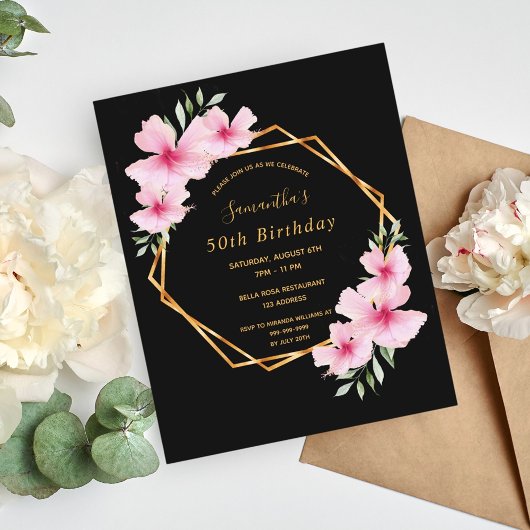 ブラックピンク花模様予算の誕生日の招待